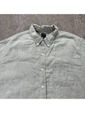 J.Crew Linen Shirt Men XL Light Green Solid Short Sleeve Slim Fit Cotton